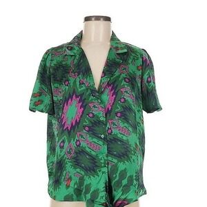Eclair Short Sleeve Blouse Women's Size L Green Pink Ikat Print Button Front Top